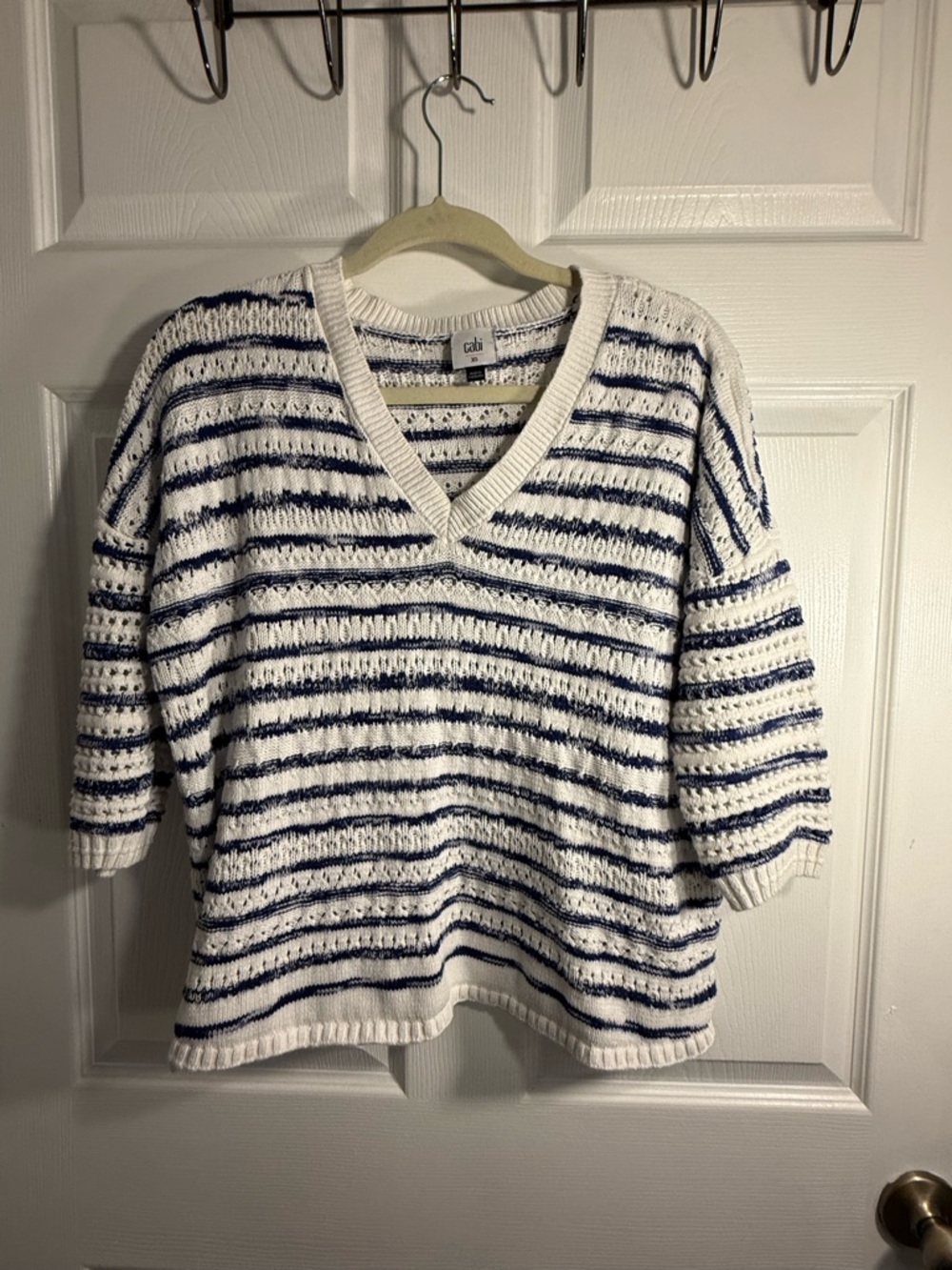 CAbi Striped Spring/Summer  V‑Neck Knit Sweater - White & Navy